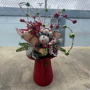 Festive Red Holiday Arrangement with Snowman
